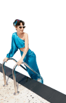 Stylish woman exiting the pool in glamorous dress