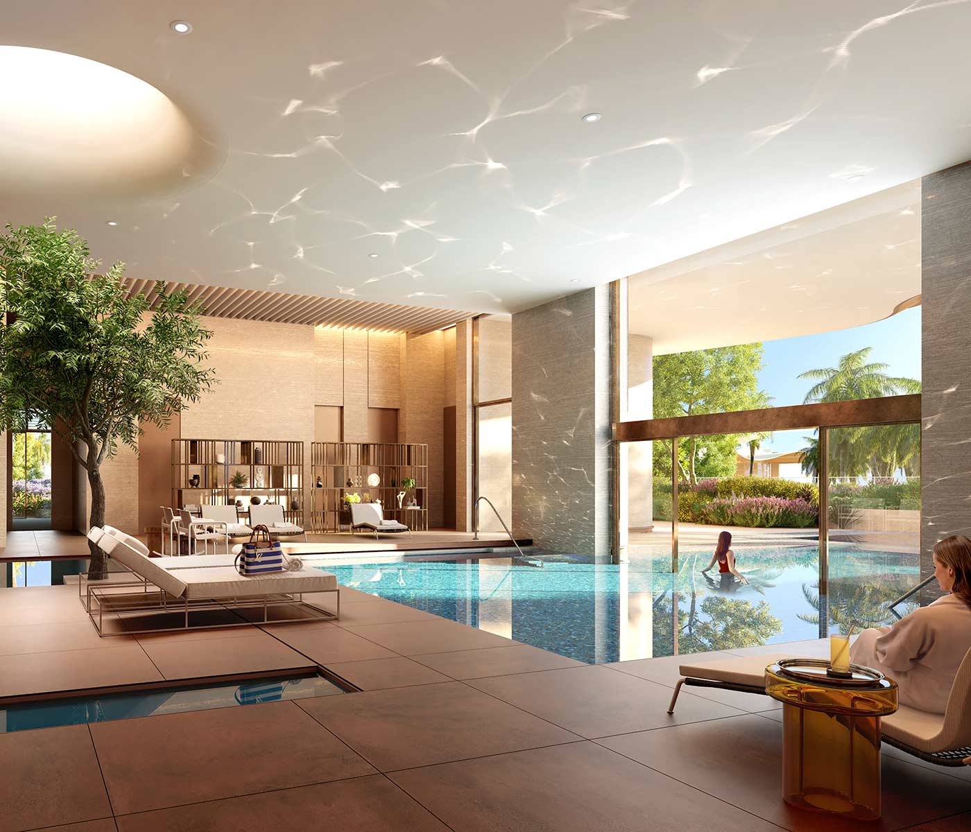 The spa of SLS The Red Sea, where a serene indoor pool transitions to an outdoor pool