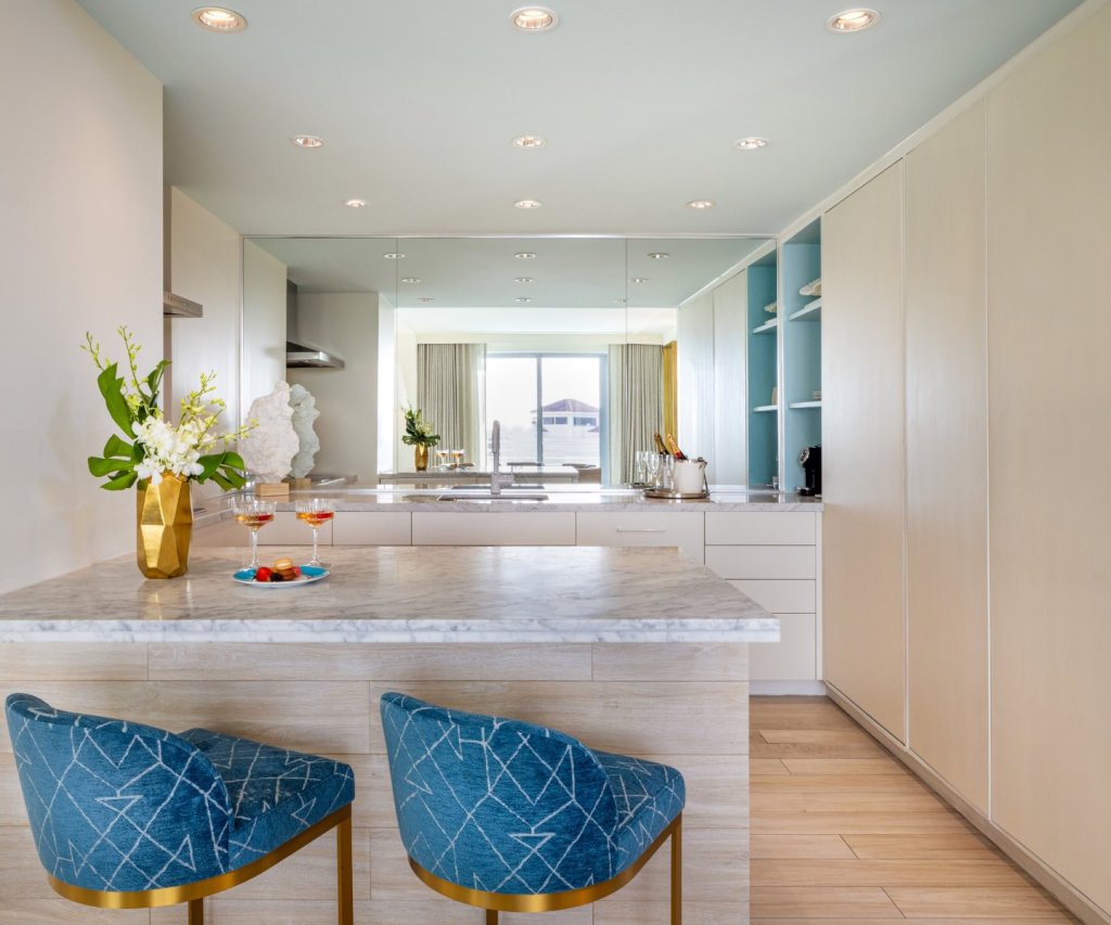 a kitchen in a suite at sls baha mar