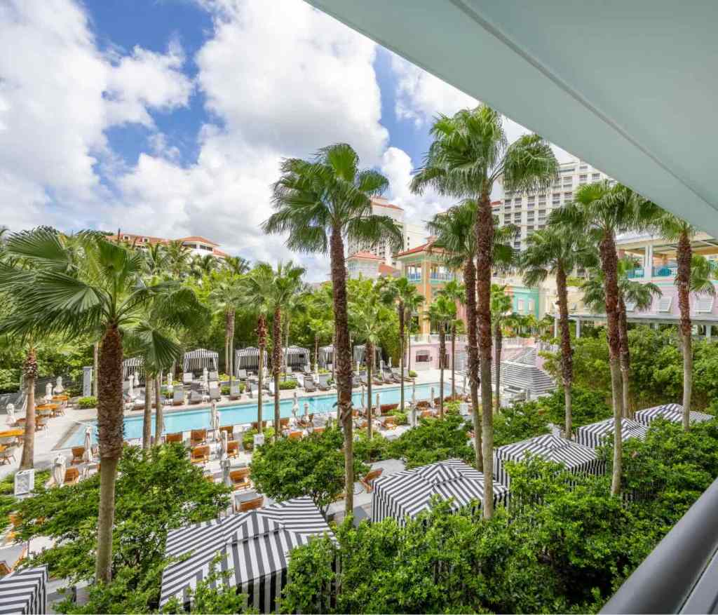 the view of the pool with palm trees and striped cabanas from the room