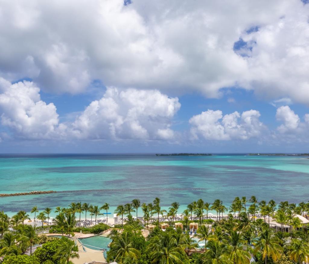 views of crystal clear waters and palm trees