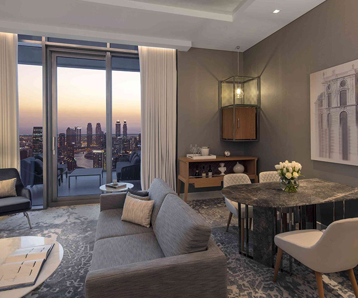 Opulent living room showcasing a mesmerizing city vista