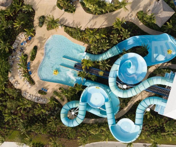 an aerial view of a blue waterslide 
