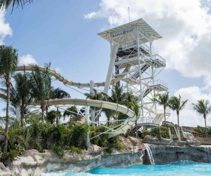 uma torre alta com escorregas aquáticos que descem do topo para uma piscina profunda no fundo