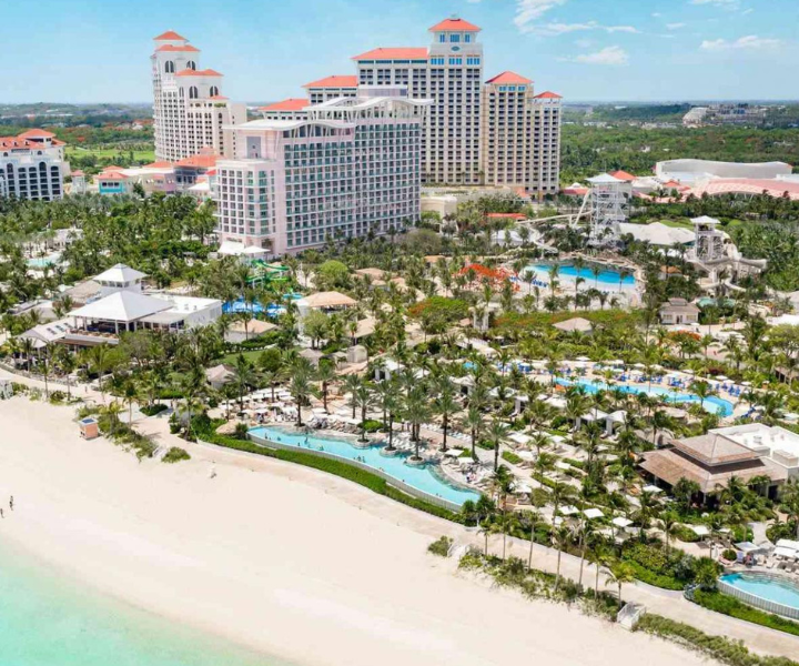 an aerial shot of a large waterpark on the beach