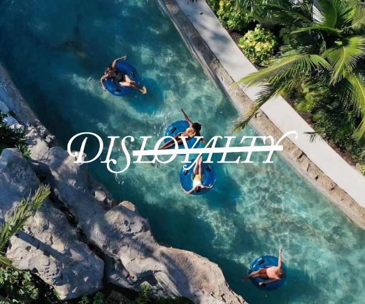 a pristine lazy river lined with palm trees with the disloyalty logo overlayed