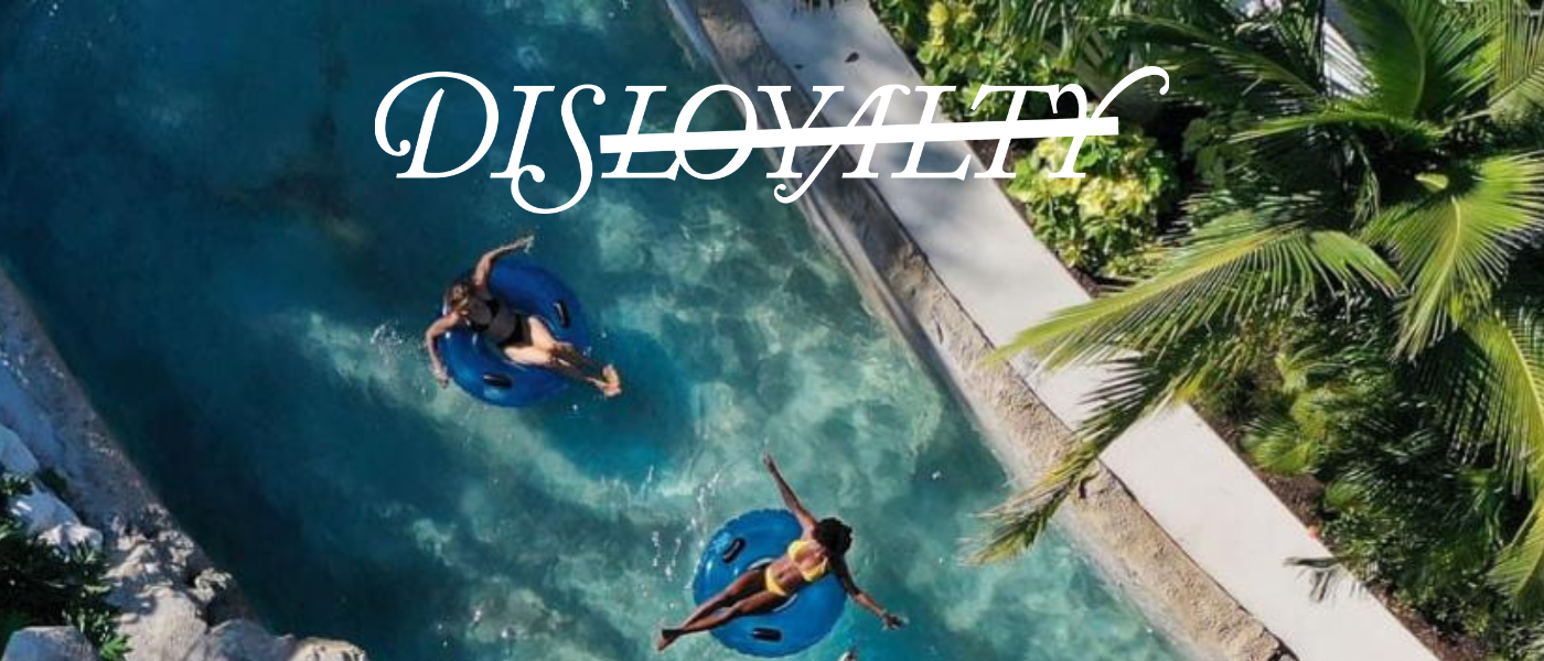 a pristine lazy river lined with palm trees with the disloyalty logo overlayed