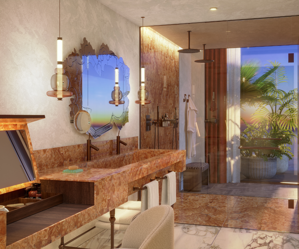 an indulgently decorated bathroom with a large rainfall shower