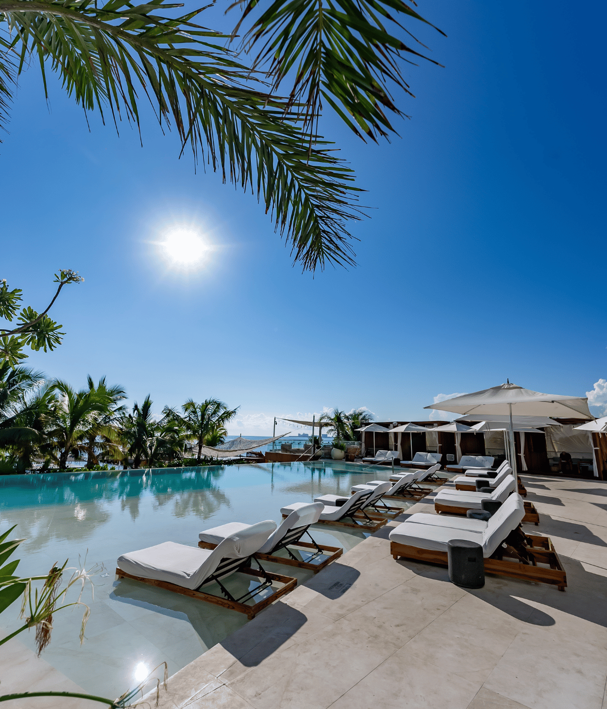 a beautiful pool surrounded by palm trees with luxurious white lounge chairs surrounding it.