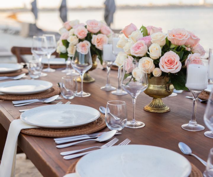 Elegantly set table for a wedding. 
