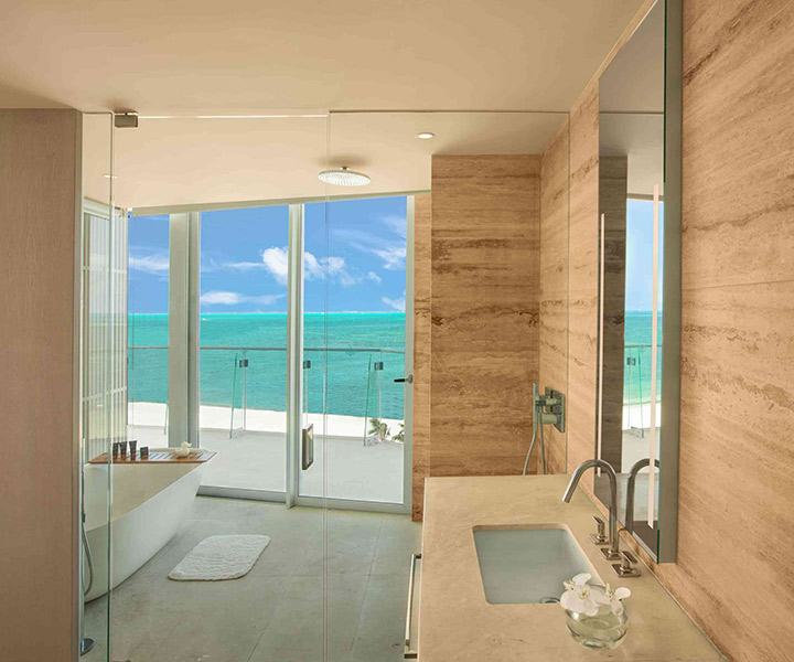 Luxurious bathroom overlooking the ocean.