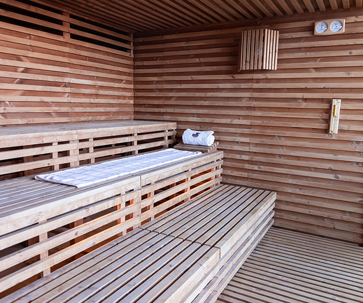 A wooden sauna room.