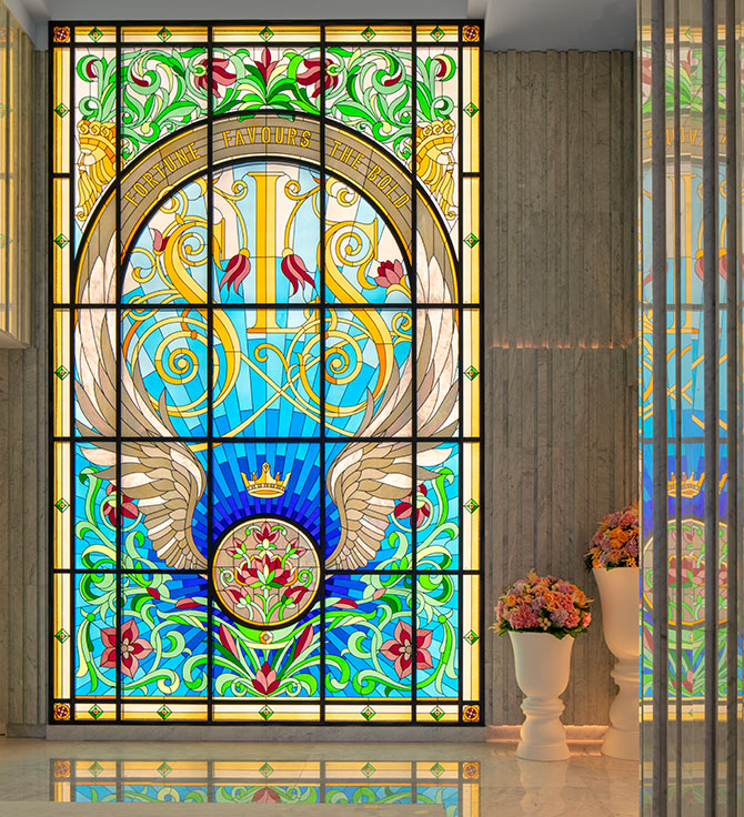 Stained glass window featuring a colorful design.