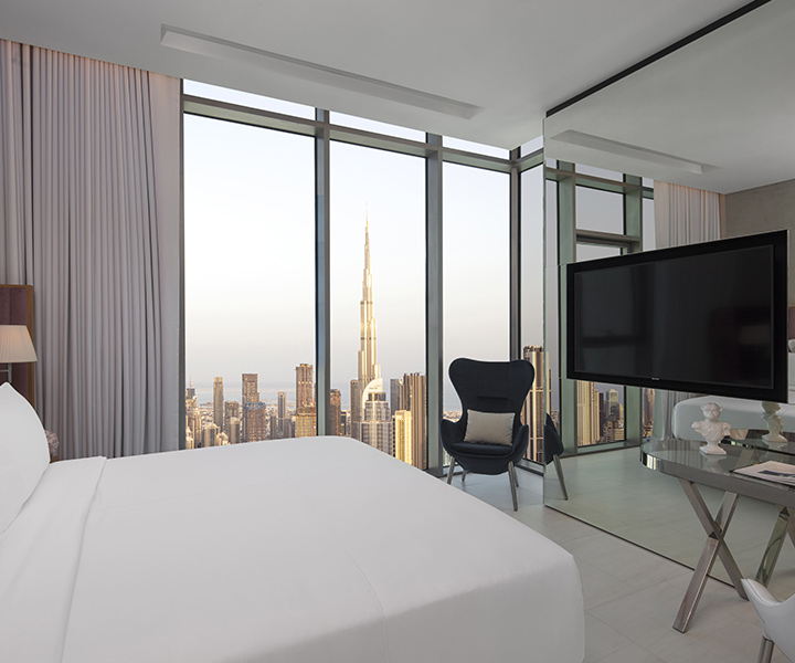 beautifully designed bedroom overlooking the Burj Khalifa