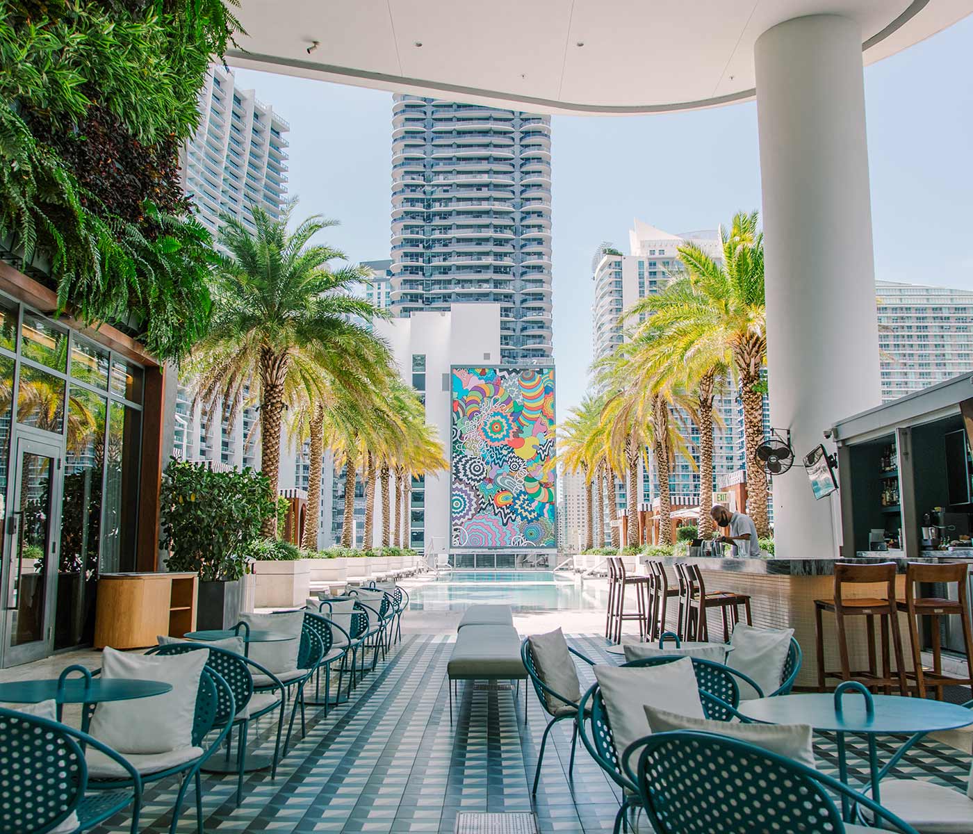 Dining area of outdoor cafe Altitude at SLS LUX Brickell in Miami