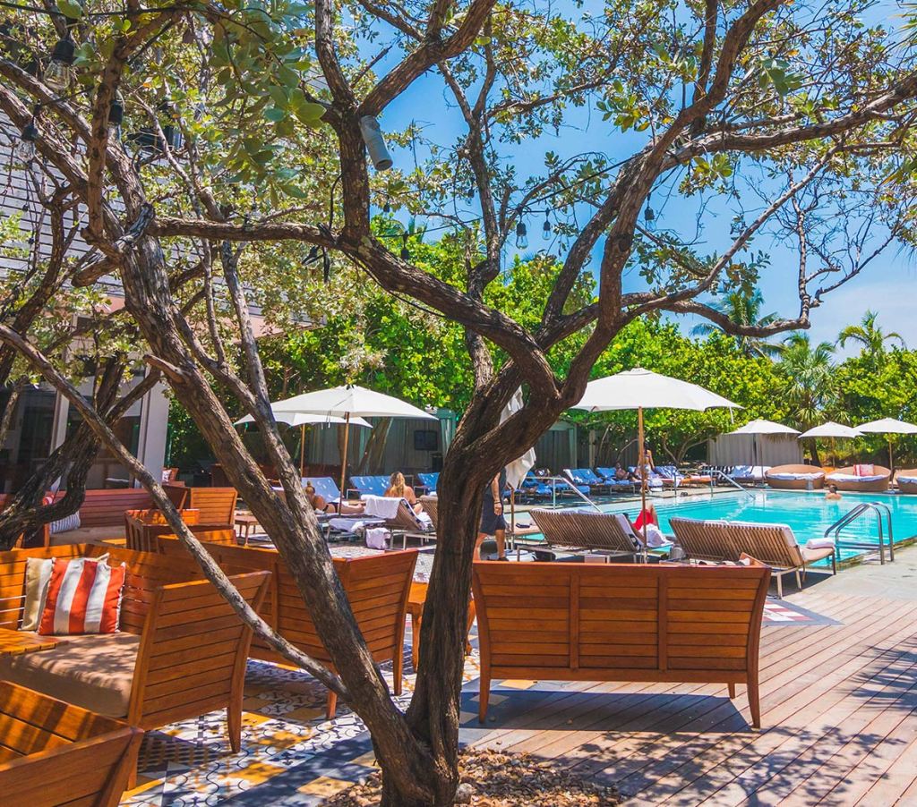 Lujosa piscina Hyde Beach Miami en SLS South Beach con exuberantes árboles verdes.