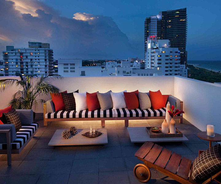 Luxurious rooftop patio overlooking the city skyline.