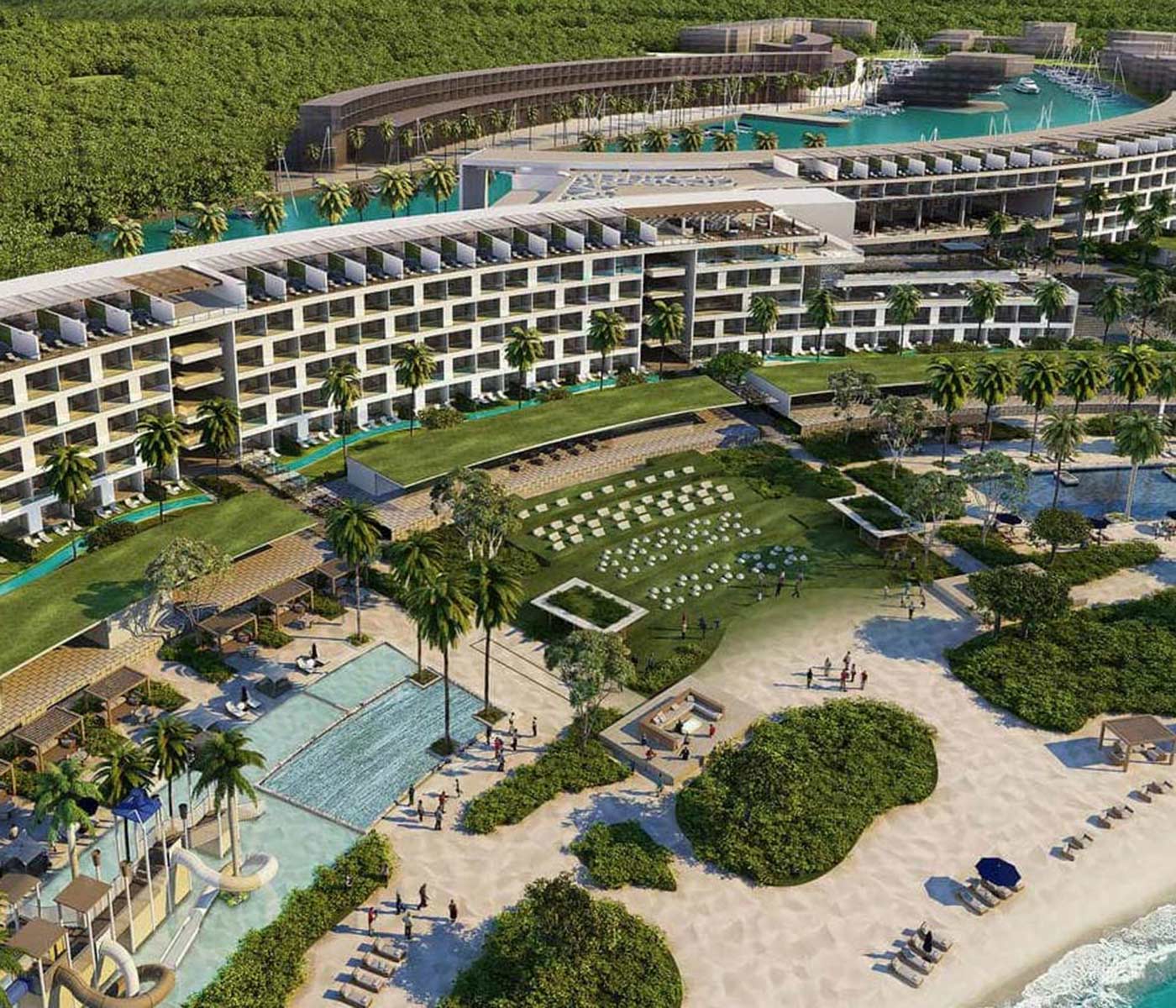 an aerial rendering of a large beachside hotel