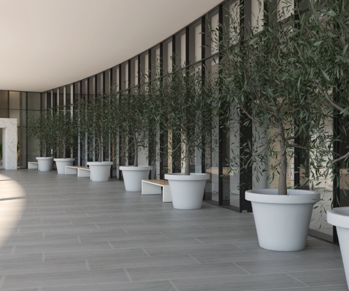 a beautiful terrace with an arched walkway lined with potted trees