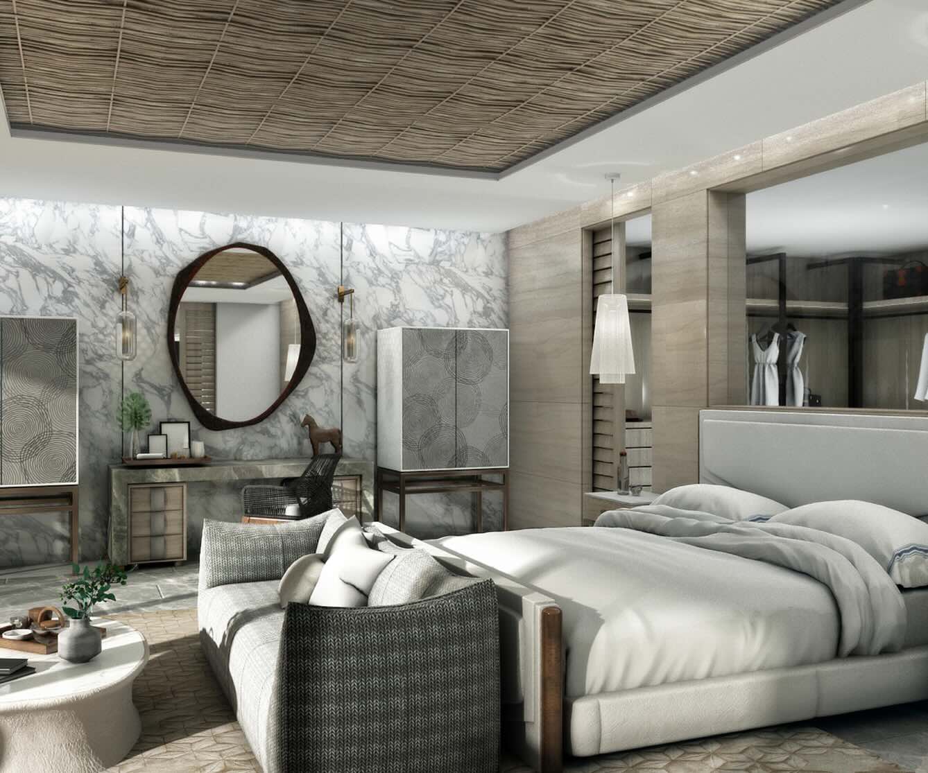 a luxuriously adorned bedroom with tall ceilings, a king bed and natural light