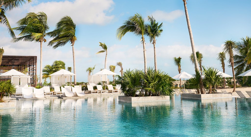 Resort swimming pool with palm trees and white lounge chairs