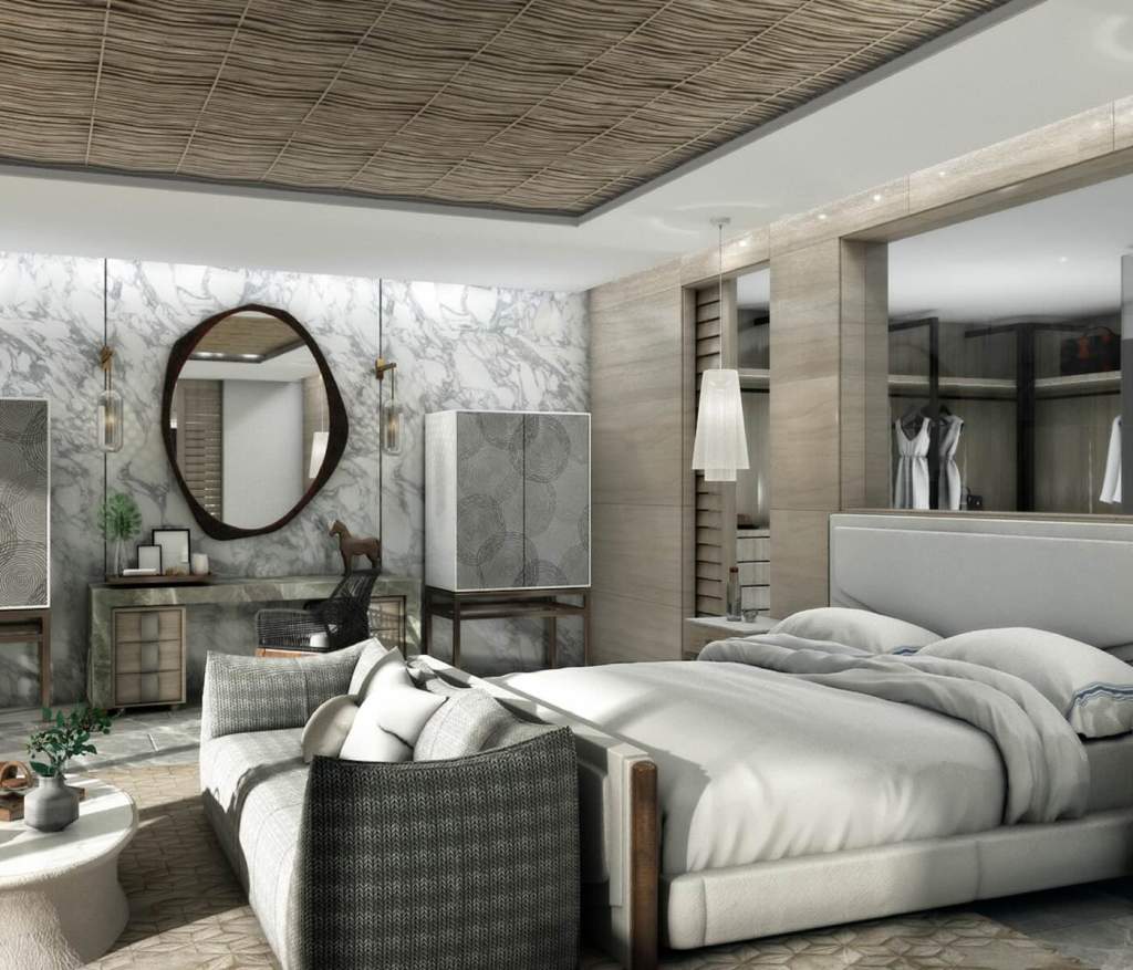 a rendering of a luxurious bedroom with ornate decorations and plush bedding