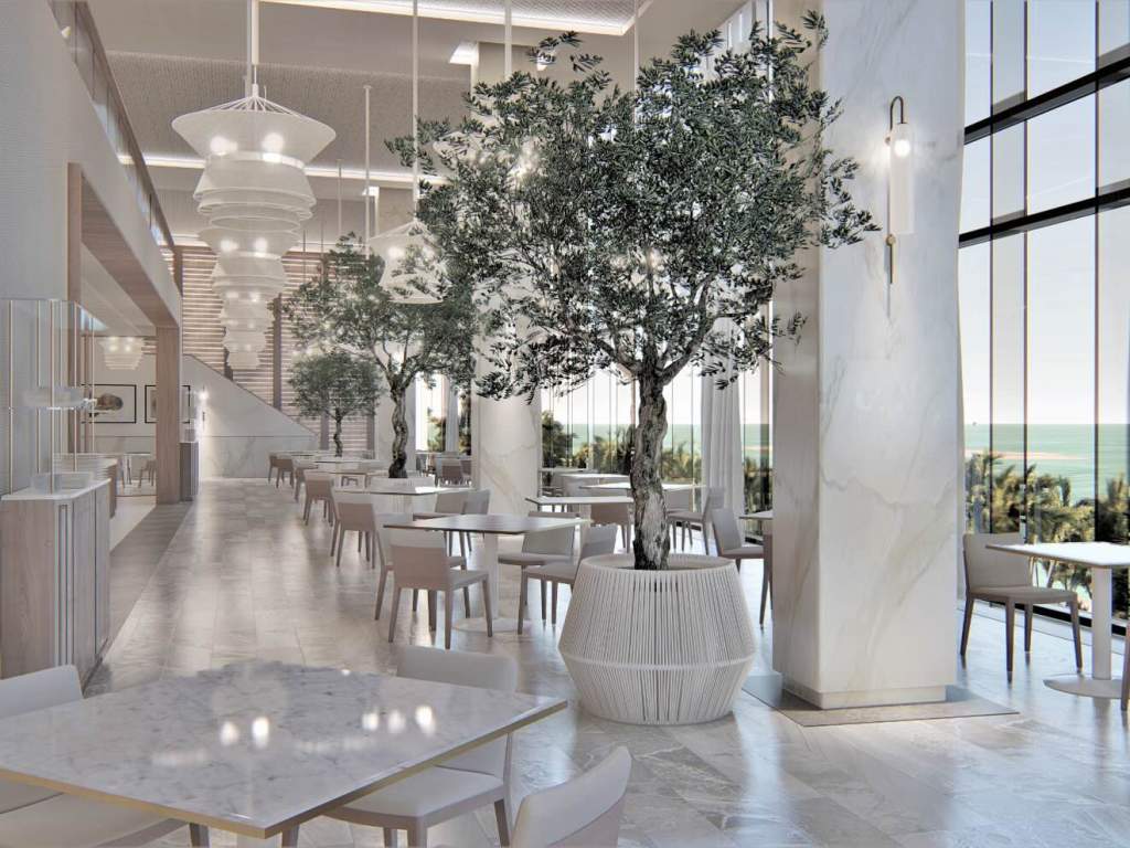 a large buffet style restaurant with floor to ceiling windows and natural plants inside