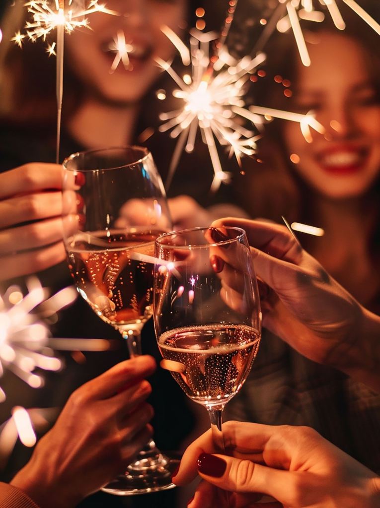 a group of people with sparklers and cheersing champagne