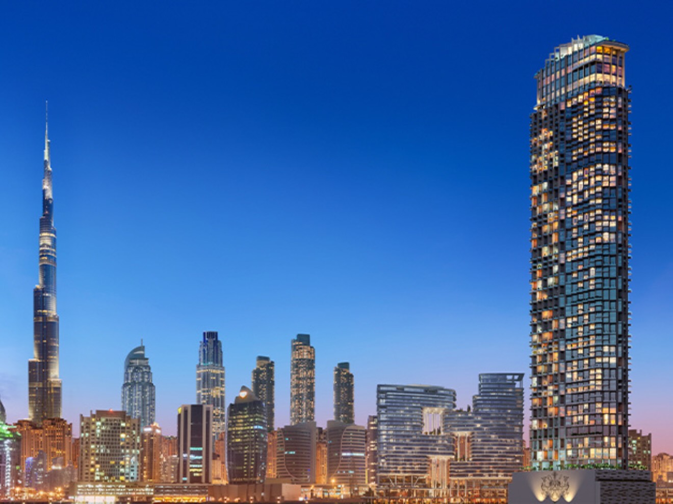 Night time sky line showing sls dubai residences