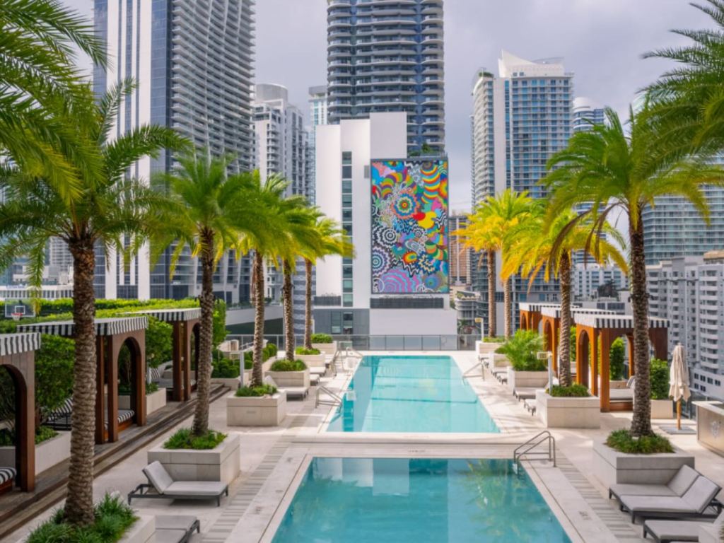 an aerial view of the two pools at sls lux brickell