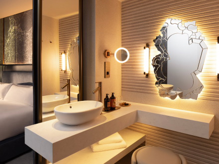 a bathroom at sls barcelona with refillable bath amenities