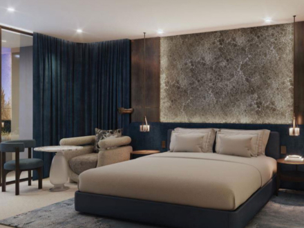 an opulent guestroom at SLS Barcelona