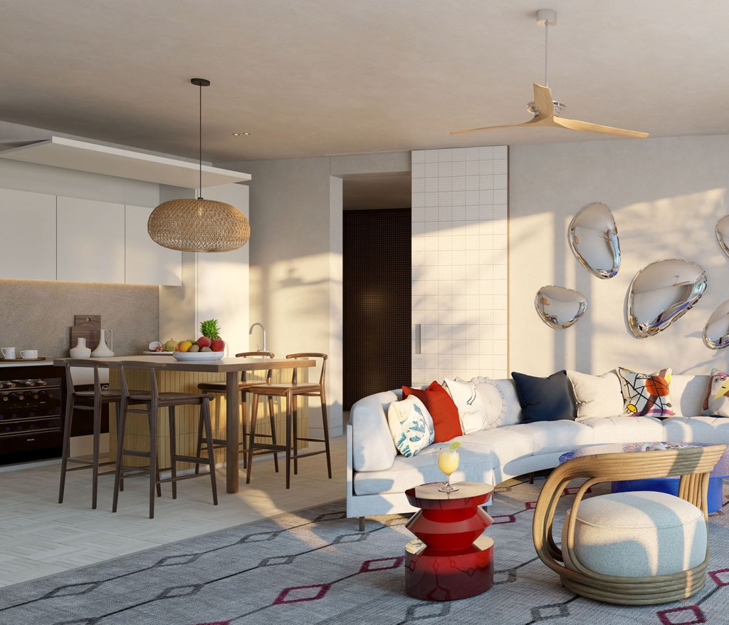 A living space with a transition from outside to inside. The landscape features palm trees and light natural toned furniture.