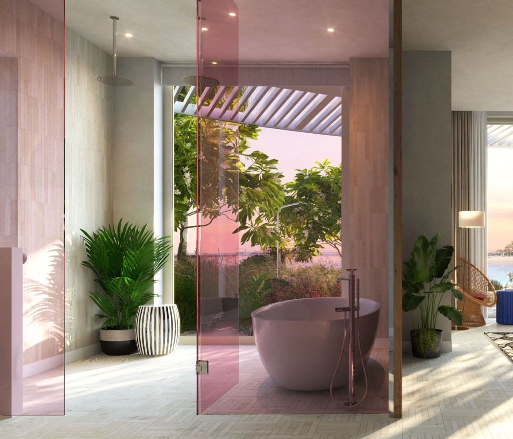 A light filled bathroom with pink frosted glass, and white oval bathtub.